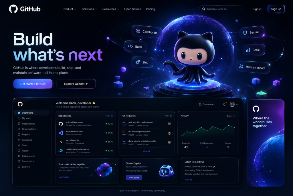 Futuristic GitHub Profile UI redesign concept featuring modern developer dashboard