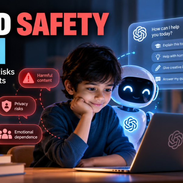 Child safety in AI, showing a child using a chatbot while digital safety and privacy protections are highlighted.