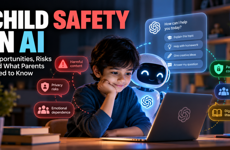 Child safety in AI, showing a child using a chatbot while digital safety and privacy protections are highlighted.