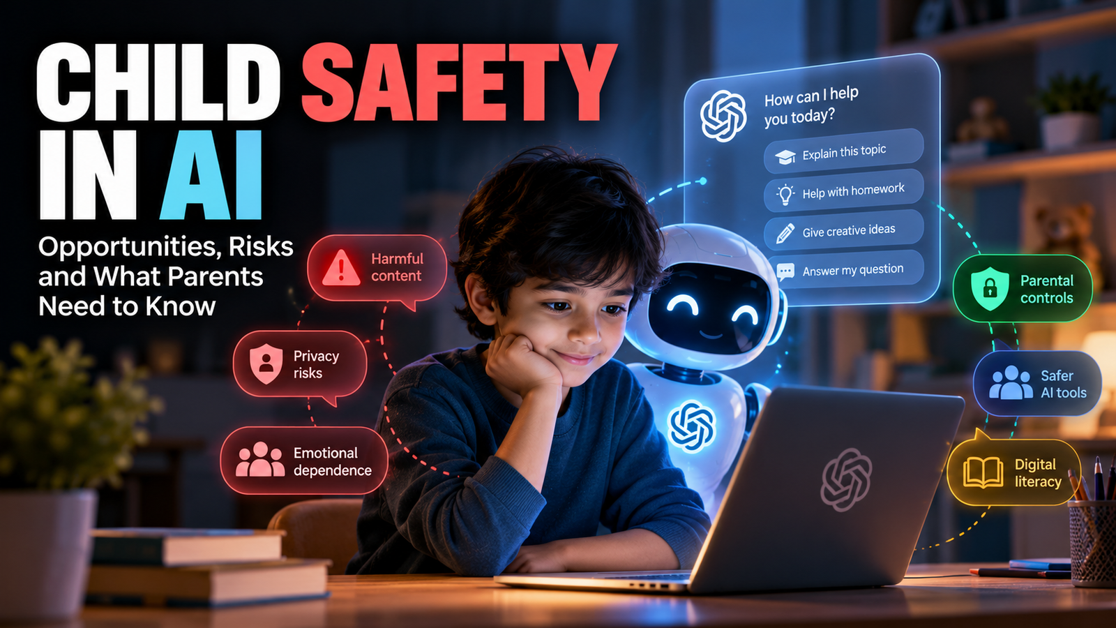 Child safety in AI, showing a child using a chatbot while digital safety and privacy protections are highlighted.